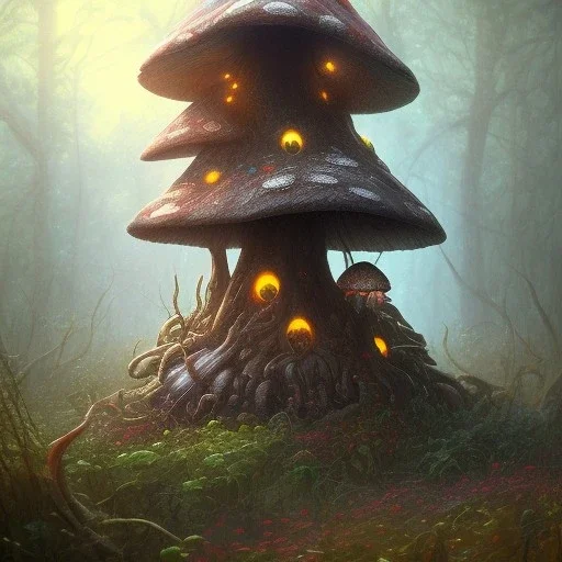 the large Amanita muscaria mushroom is a fairy home.dark masterpiece by savvas apterus.fantasy art by anna dittman.