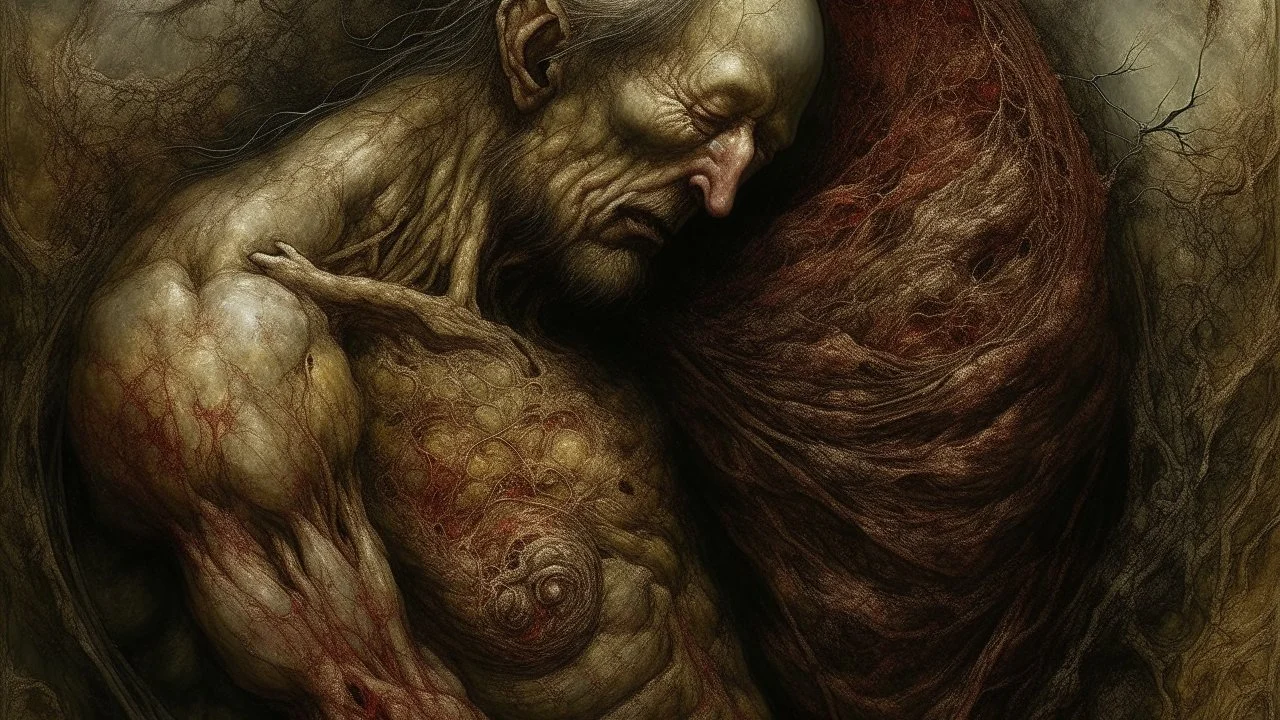 Intimate and textured composition centered on a being of abundant flesh, with a touch of symbolic authority.