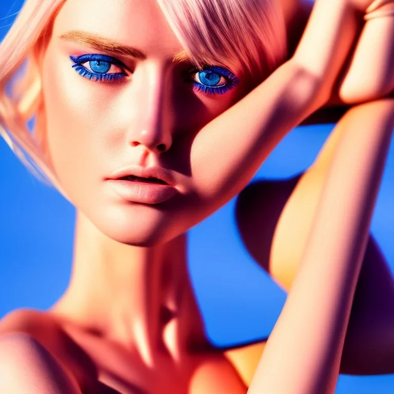 masterpiece, best quality, man, woman, blue eyes, fluorescent, blond flutter hair, highly detailed body, sun light, 4K, RAW, depth of field, high contrast, realistic details, 150mm