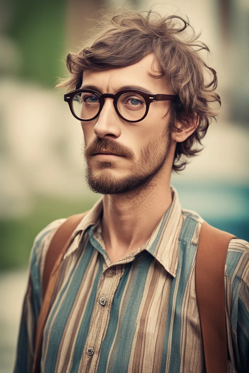 bohemian young ugly, strange not pretty man with Parisian bohemian look and glasses of colours and poor and short short short and poor hair on the head with receding hairline. Farsightedness glasses with big eyes. Shirt beard in the head. Vintage look and feel like photo style-of the 70s