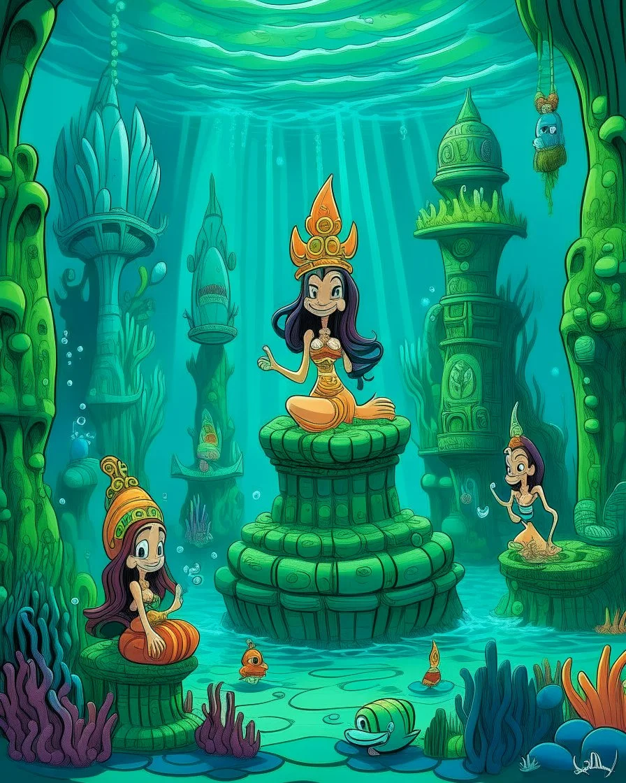 A mermaid kingdom underwater with tikis