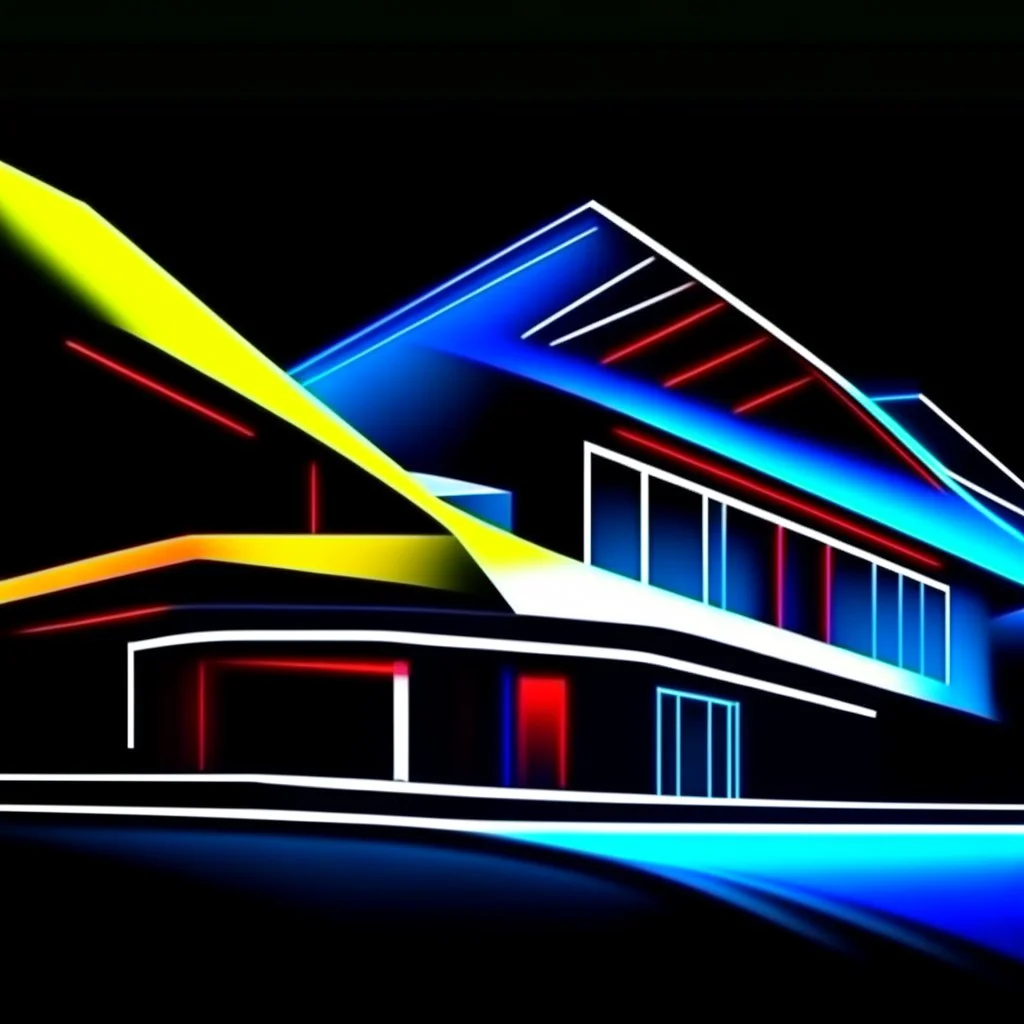 Ilustración minimalista 3D de una casa campestre estilo Zaha Hadid en las montañas arte nouveau neón lineal color negro blanco amarillo rojo y azul calidad ultra fondo ciudad vista aérea