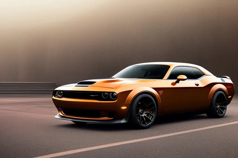 a true-to-life 2023 dark orange dodge challenger hellcat, 2-door, wide-body, pandem, rocket bunny, mopar, carbon fibre, drift car, classic hotrod wheels and rims, ultra realistic, professional artwork, concept art, dark background, extreme detailed, 8k, sharp focus, centered camera, pivot on dodge, art