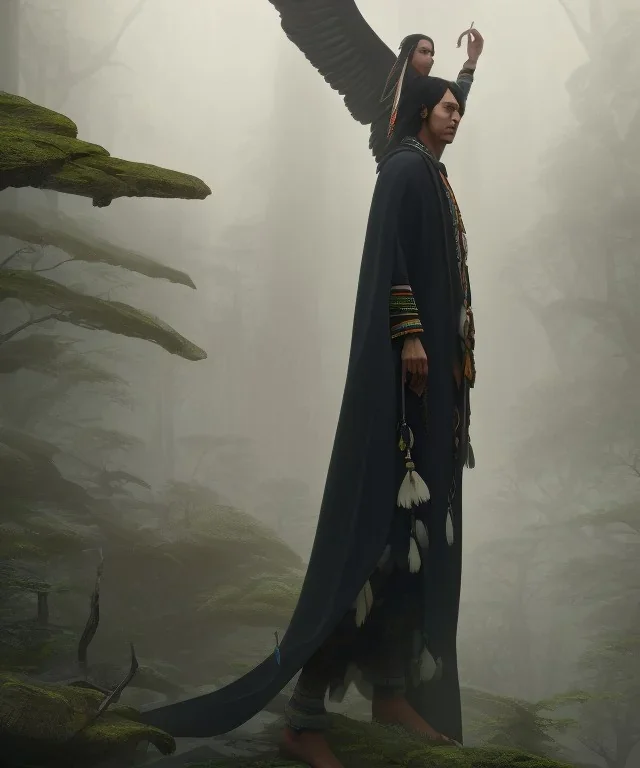 shaman, male native american, long black hair, black hooded coat like wings, 8k resolution concept art portrait by Greg Rutkowski