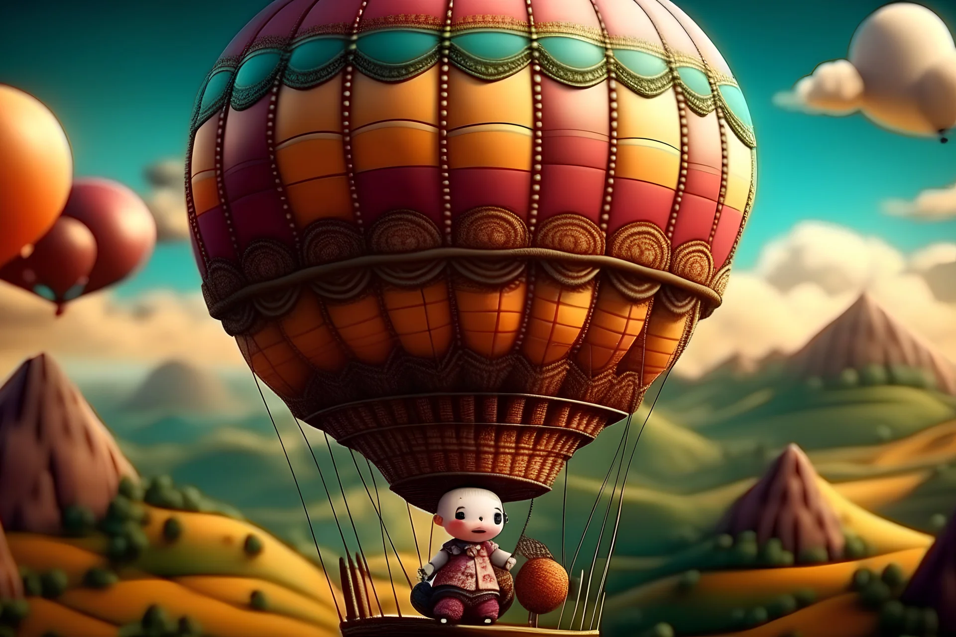 Very cute doll in a hot air balloon, soaring above a fantastical landscape.Hd high quality resolution,(digital art),beautiful colouring