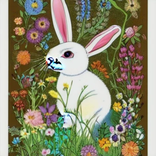 rabbit and Wonderful grimore with flowers, knowledge and fairy tale, style midjourney v4