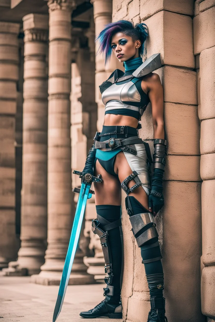 woman in retro-futurist cyberpunk costuming leaning to the side against a stone pillar of a Egyptian + cyberpunk post apocalyptic building, 2 swords in scabbards at hip