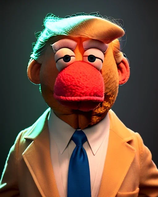 Waist up Portrait, Donald trump muppet, Sesame Street style, retro style, photo studio, unreal engine 5, god lights, ray tracing, RTX, lumen lighting, ultra detail, volumetric lighting, 3d.