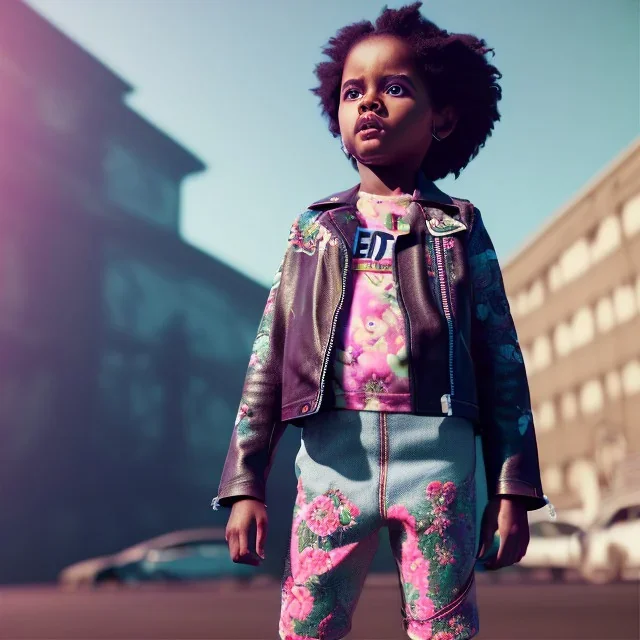 Zaire beetz toddler, full body, leather jacket, floral shirt, floral skirt, Nike sneaker, soft skin, city background, dramatic lighting, hyper realistic