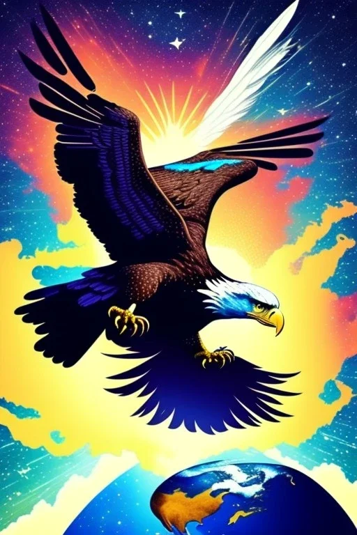 Eagle is flying in the space and is holding the earth in his claws.