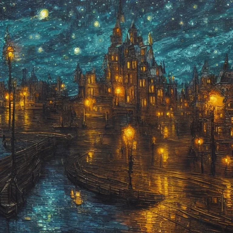 painting of a city in a fantasy starry night photorealistic