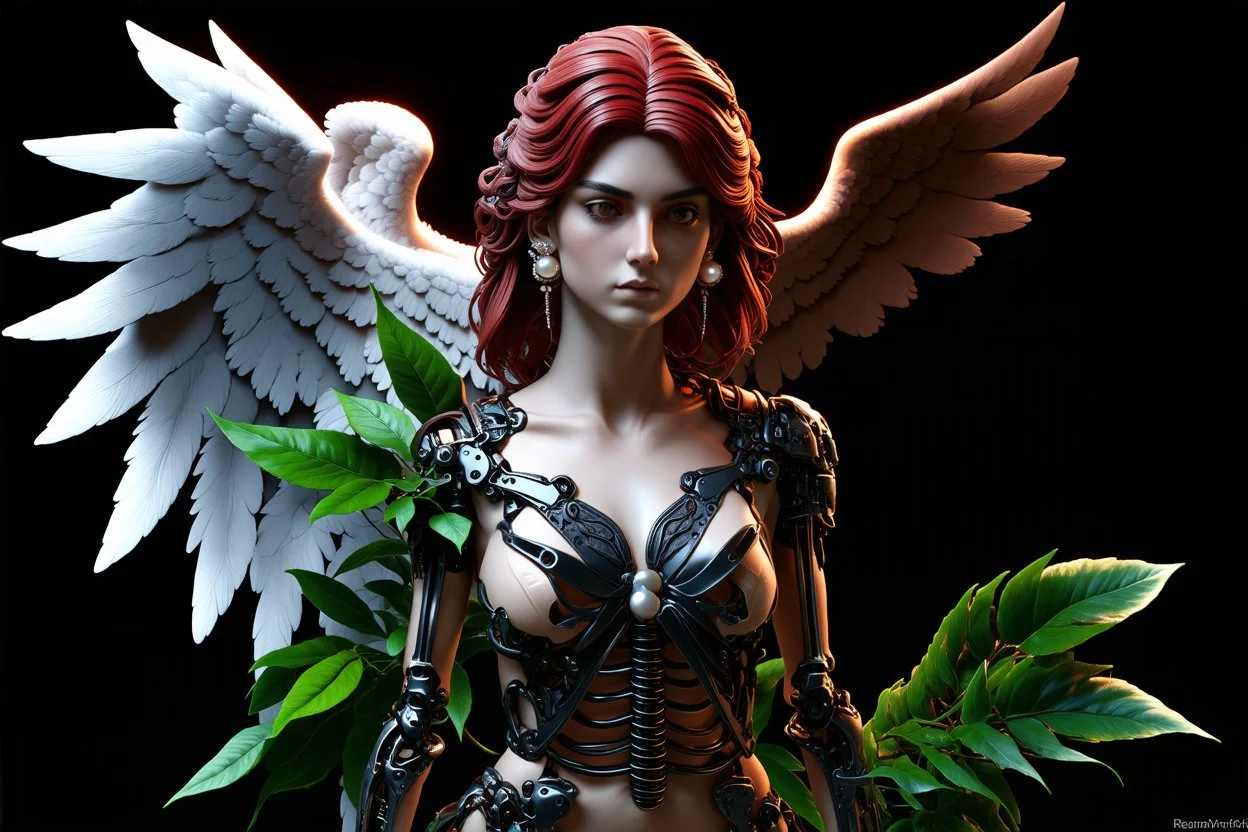 3D render ultra detailed of a beautiful angel, from knee to head, biomechanical cyborg, analog, 35 mm lens, beautiful natural soft rim light, big leaves and stems, roots, fine foliage lace, colorful details, samourai, pearl earring, heavely tattoed, intricate details, mesh wire, mandelbrot fractal, facial muscles, cable wires, microchip, badass, hyper realistic, ultra detailed, octane render, volumetric lighting, 8k post-production, red and white, detailled metalic bones, semi human, by Glenn Br