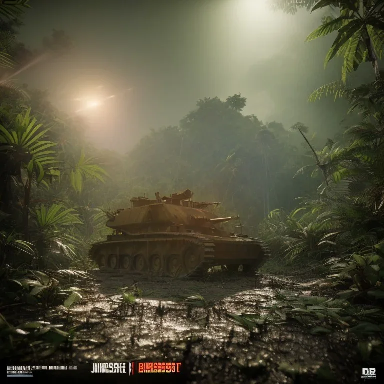 vietnam war. jungle. cd cover. bokeh. lens flare. warm lights. high detailed