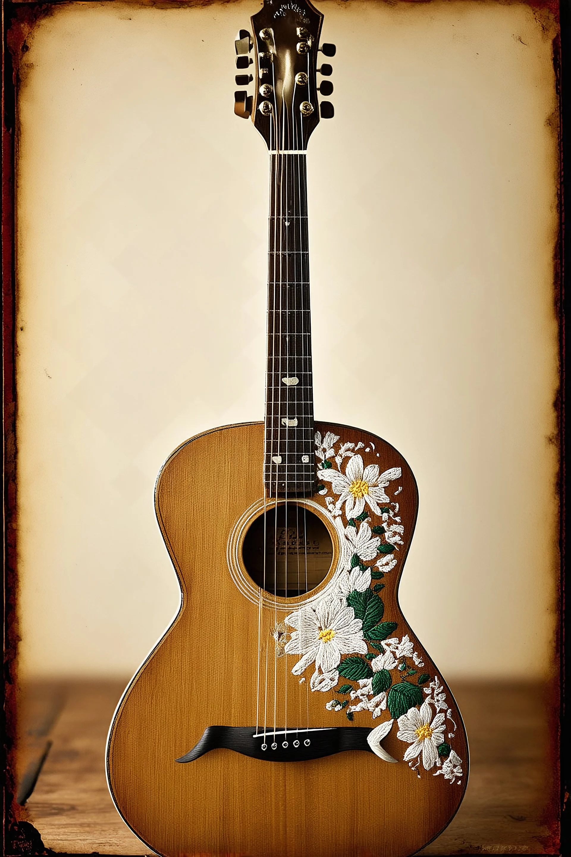 Une guitare avec des fleurs brodees, , tintype