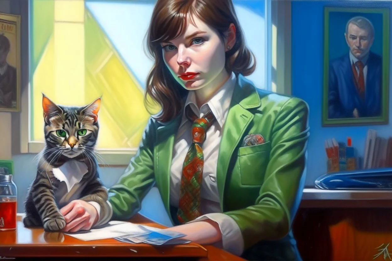 kitten brunette woman secret agent joker in an office in sunshine, very detailed, oil painting