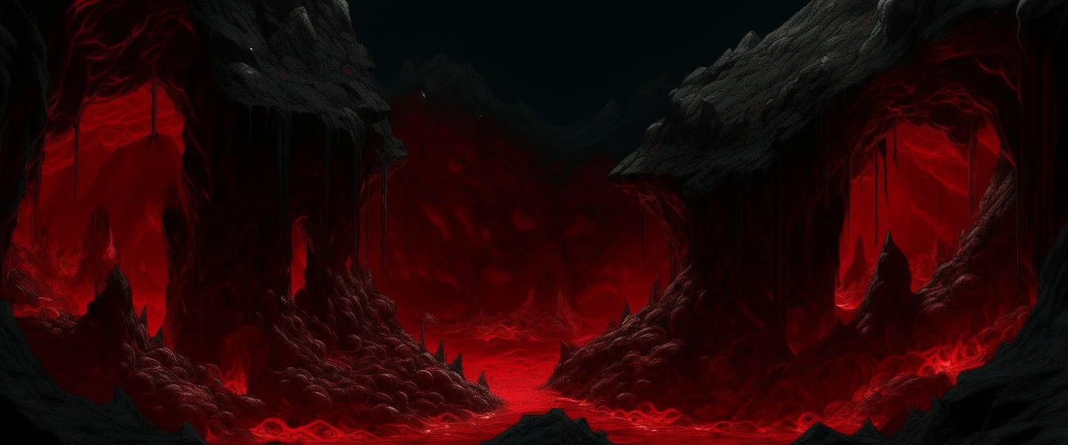 A dark red underground lava cavern with a volcano painted by Hashimoto Gaho
