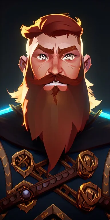 Dungeons and dragons character, warrior dwarf male, friendly face, high detail, High definition, ginger braided beard, ginger long hair in a bun, metal plate armor, short height, black backdrop, mustache, battle axe, cloak, short bulky body