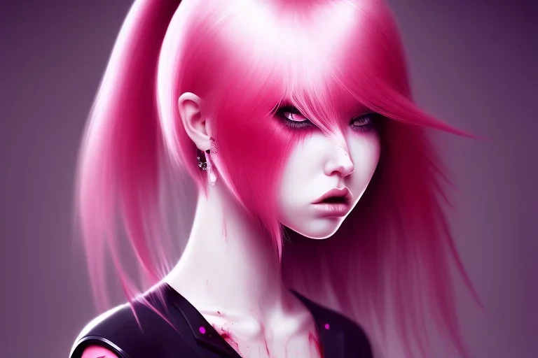 girl super angry, beautiful, cute, bloody, pink hair, black shirt