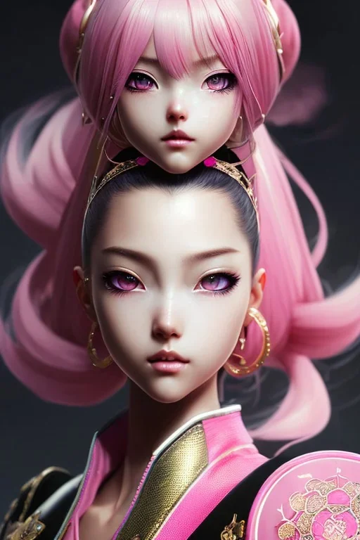 Detailed cute anime Kunoichi girl, pink hair buns, pink bangs, black latex bodysuit, intricate details, full body portrait, keep head in frame, slight smile, black Japanese motif, concept art, highly detailed, digital painting, concept art, sharp focus, illustration, art by Yoji Shinkawa, WLOP and greg rutkowski and alphonse mucha and artgerm and yanjun Chen and Junji ito and Makoto Shinkai, HDR, octane render