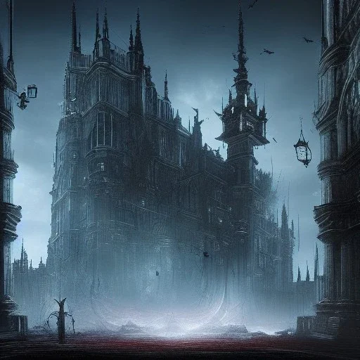 hyper realistic Bloodborne cityscape at night