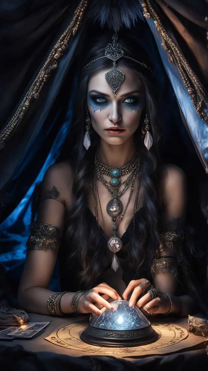 Hyper Realistic photographic-view of Wicked-&-Beautiful-Fortune-teller-with-glowing-ref-eyes wearing black-beed-necklace-&-bracelet angrily Looking at her crystal-ball glowing magically & sitting in her tent with a horrifying-black-cat at dark-night decorated with fancy-traditional-feathers-&-tarot-cards showing dramatic & cinematic ambiance"