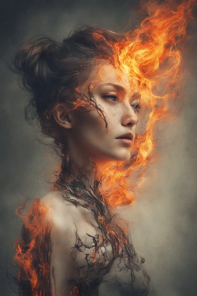 art piece portraying a woman with burning edges, {{creating a surreal and mesmerizing visual experience}}, (captivating digital art portraying woman with burning edges:1.4), (surreal and mesmerizing visual experience:1.5), (captivating and fiery ambiance:1.3)