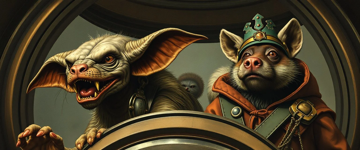 gremlin dog bison badger star ship captain in the style of Rembrandt and Escher and Fallout 4