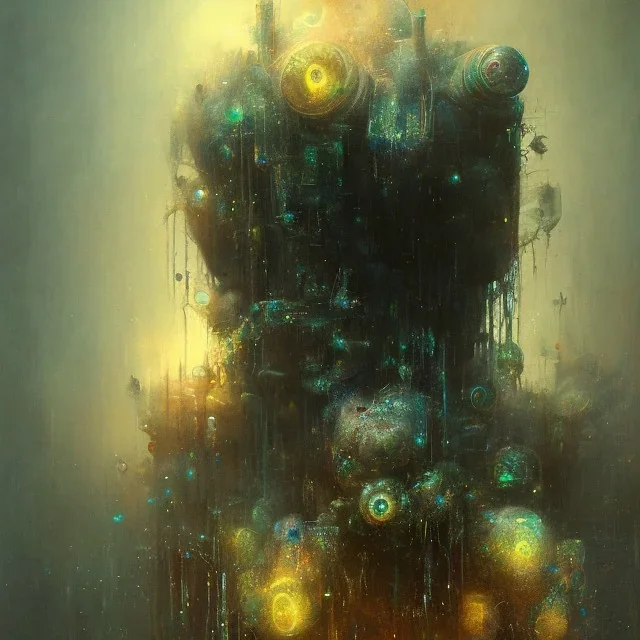 photographic camera in abstract style. fog and smoke in atmosphere. bokeh, lens flare. Dark mood. Dripping paint. oil on canvas, high detailed. beksinski