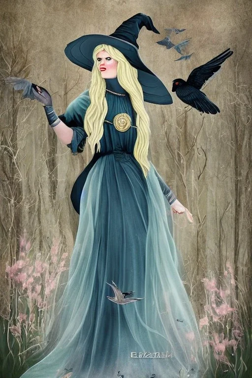 Friendly witch, playing with crows, perfect eyes, pastel colour, style Elisabeth Kreitz