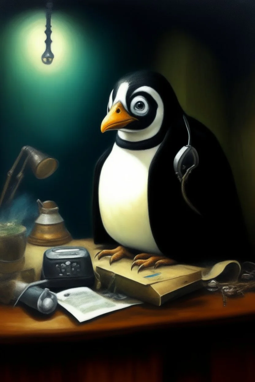 1970's dark fantasy cover dnd style oil painting frontal webcam picture of pengu the penguin, busniess and money bank. he is the boss in a gold mine.