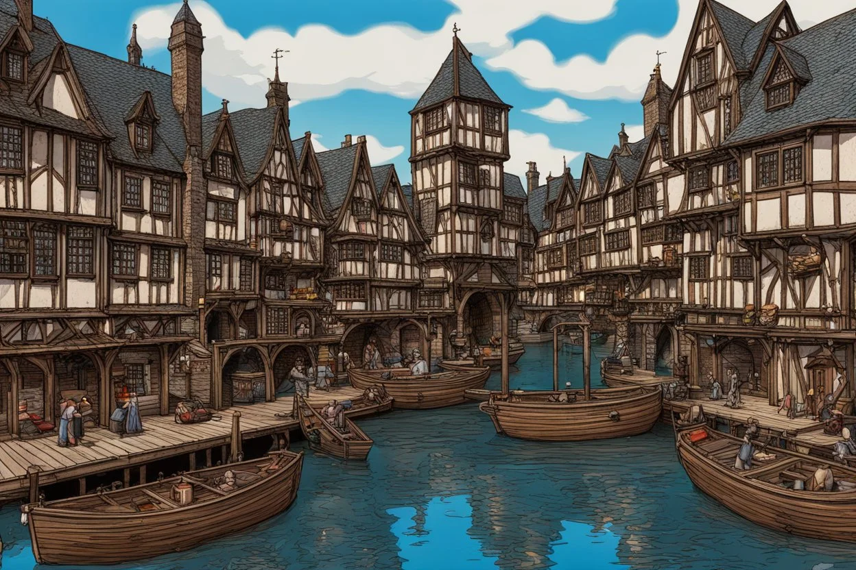 gothic medieval wooden harbour with piers and ships, people, shops, bridges, arches, balconies, taverns, blue sky