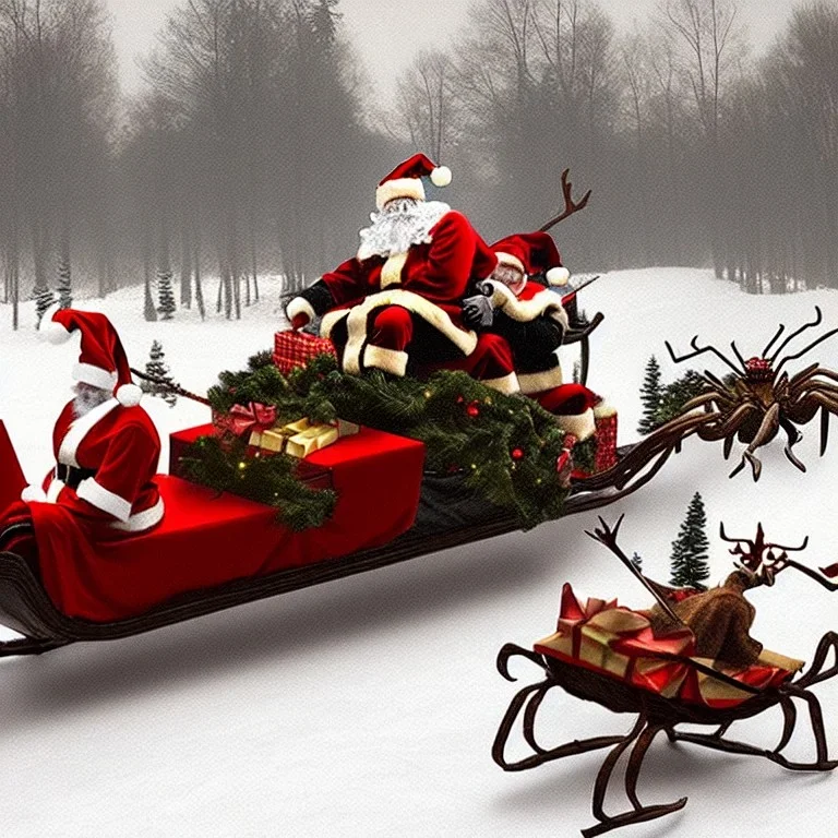 photo, giant spiders pulling a sleigh for santa claus