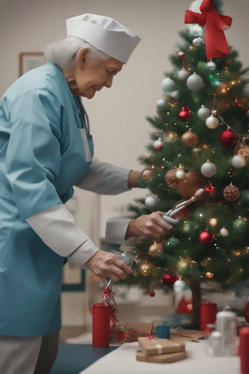 A heartwarming close-up photo of a nurse helping an elderly person decorate a Christmas tree. Intricate details, 4k, realistic