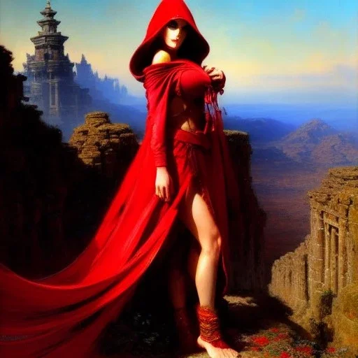 Drawing of beautiful face,'beautiful booty,Busty fit 'Red Riding Hood',intense stare, ancient skintight armor, balanciaga fashion clothe painting by gaston bussiere, greg rutkowski, yoji shinkawa, yoshitaka amano, tsutomu nihei, donato giancola, tim hildebrandt Oil on canvas, cinematic composition, extreme detail,fit full head inside picture,16k