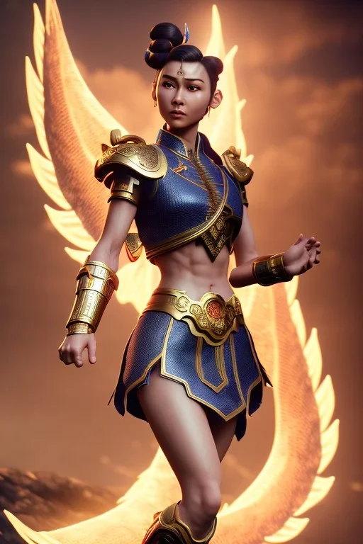 Chun-Li with short hair and dragons wings wearing only dragon scales,mythical,fantasy , magnificent, majestic, highly intricate, Realistic photography, incredibly detailed, ultra high resolution, 8k, complex 3d render, cinema 4d, dynamic pose