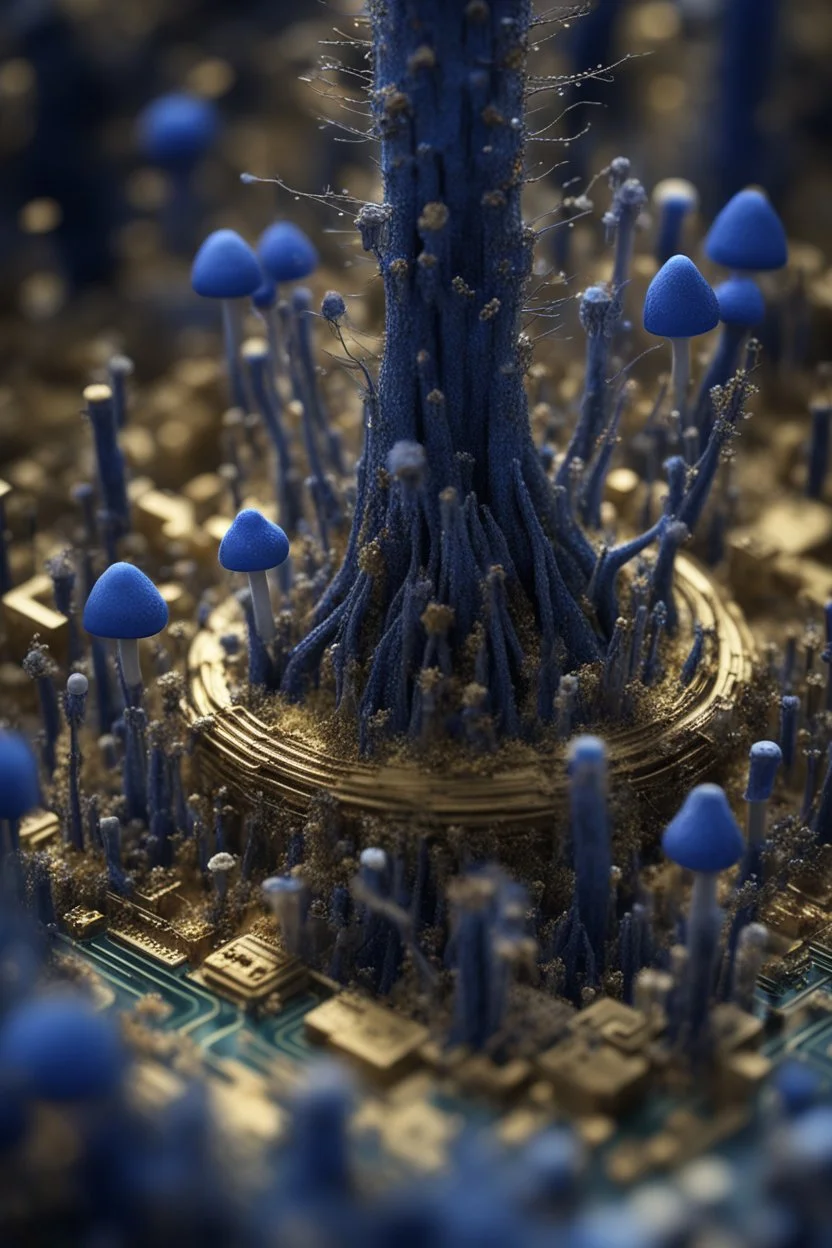 [Tilt-Shift Photography] Cobalt crystals and voltage regulators emerged, bell-like fungal caps obscuring underlying transistor arrangements. The central CPU took on the quality of a sculptural ruin beneath its shroud of rhizomorphs. Cracked chips ringed it like miniature ruins, exposed bond wires bonded in delicate gold. Mushrooms peeked from slots and etched grooves, waving as from fairy-scale windows. Fibrous roots stretched in community between blurred banks of memory and vanishing fiber opti