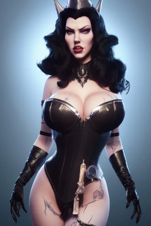 Angela White as evil queen in black leather, leather, busty, cleavage, angry, stern look. character design by cory loftis, fenghua zhong, ryohei hase, ismail inceoglu and ruan jia. unreal engine 5, artistic lighting, highly detailed, photorealistic, fantasy