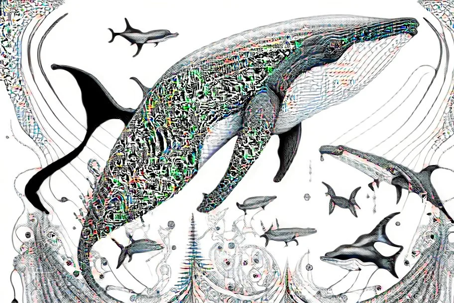 line drawing, of a beautiful surrealistic image of both animals together, create an orca and a flying elephant ;made exclusively of music symbols, background is horizontal parallel lines like staffs and piano keys at bottom, symbols are discernible, overall exquisitely detailed, elegant, extremely intricate, high definition, dope, innovative, line art, contemporary art, fractal pencil drawing,