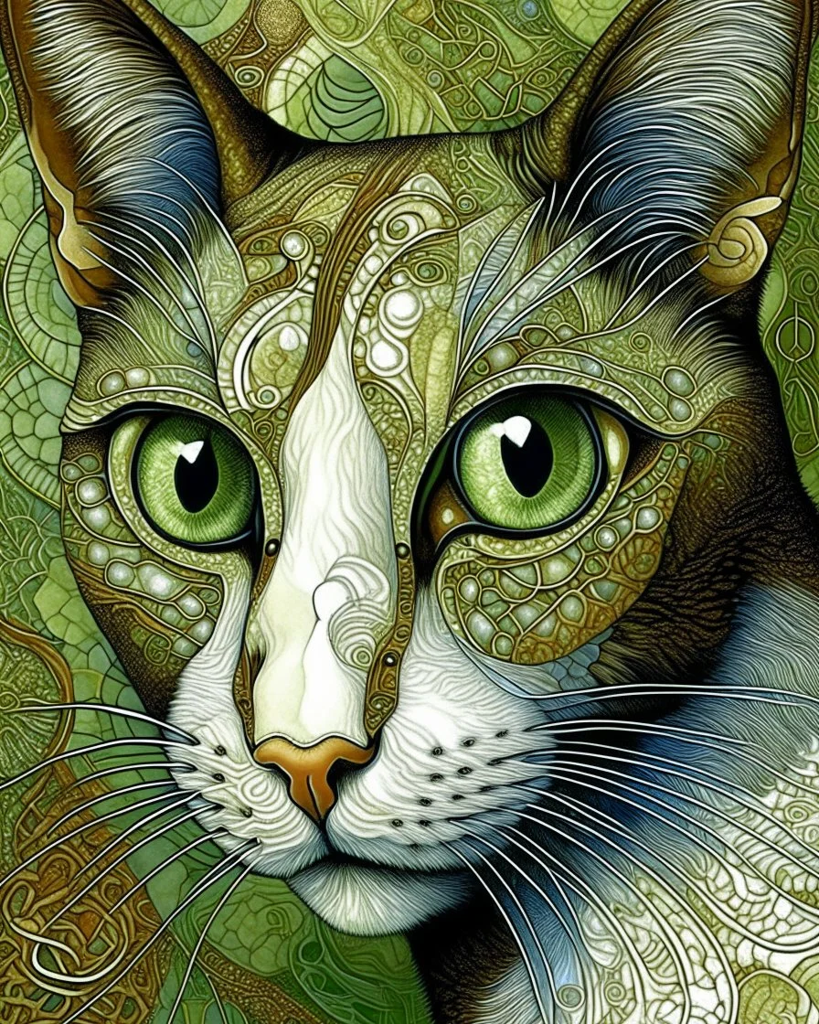 Detailed Surreal Portrait of Oriental blue and white tabby cat, with a triangular slender white face, large ears and green eyes by Gustav Klimt muted colors.