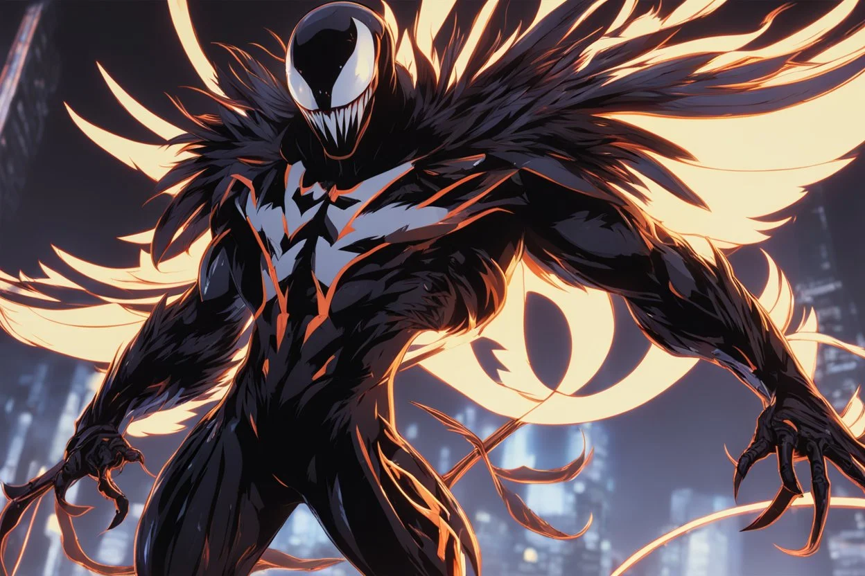 Venom in 8k solo leveling shadow artstyle, crow them, feathers, big wings, neon effect, full body, apocalypse, intricate details, highly detailed, high details, detailed portrait, masterpiece,ultra detailed, ultra quality