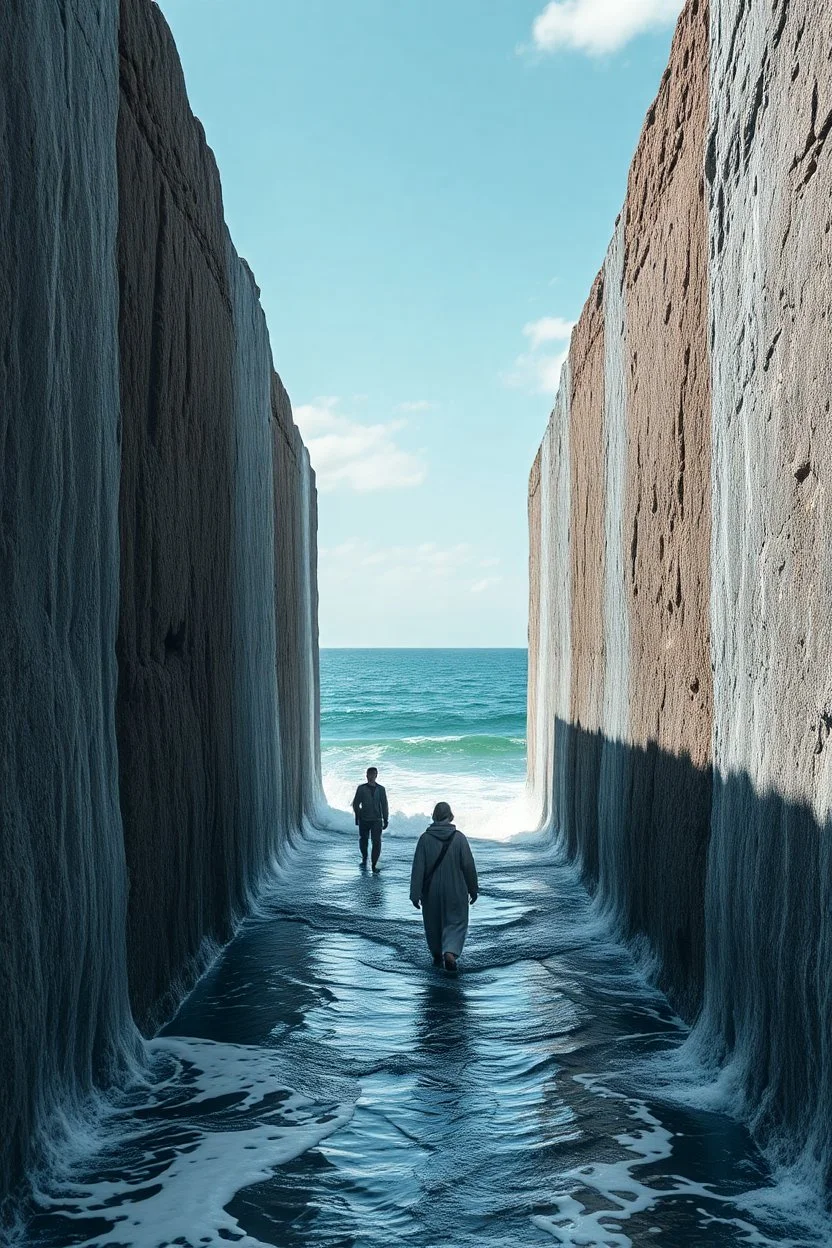 moses parts the sea so they can walk through with dry foots, i need to see walls of water on both sides of people walking through