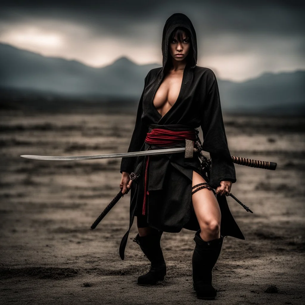 Behold the powerful alluring and pretty ninja woman, her body adorned with the traditional ninja costume and a katana, HDR, beautifully shot, hyperrealistic, sharp focus, 64 megapixels, perfect composition, high contrast, cinematic, atmospheric, moody