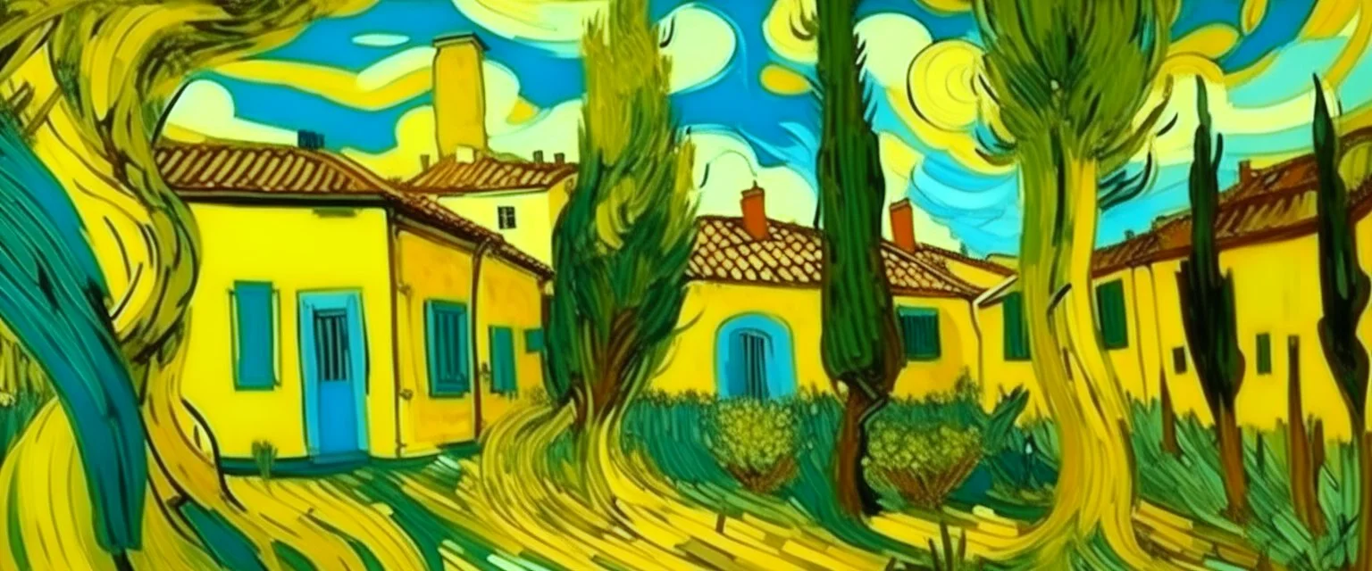 A yellow bourg in daylight with banana trees painted by Vincent van Gogh