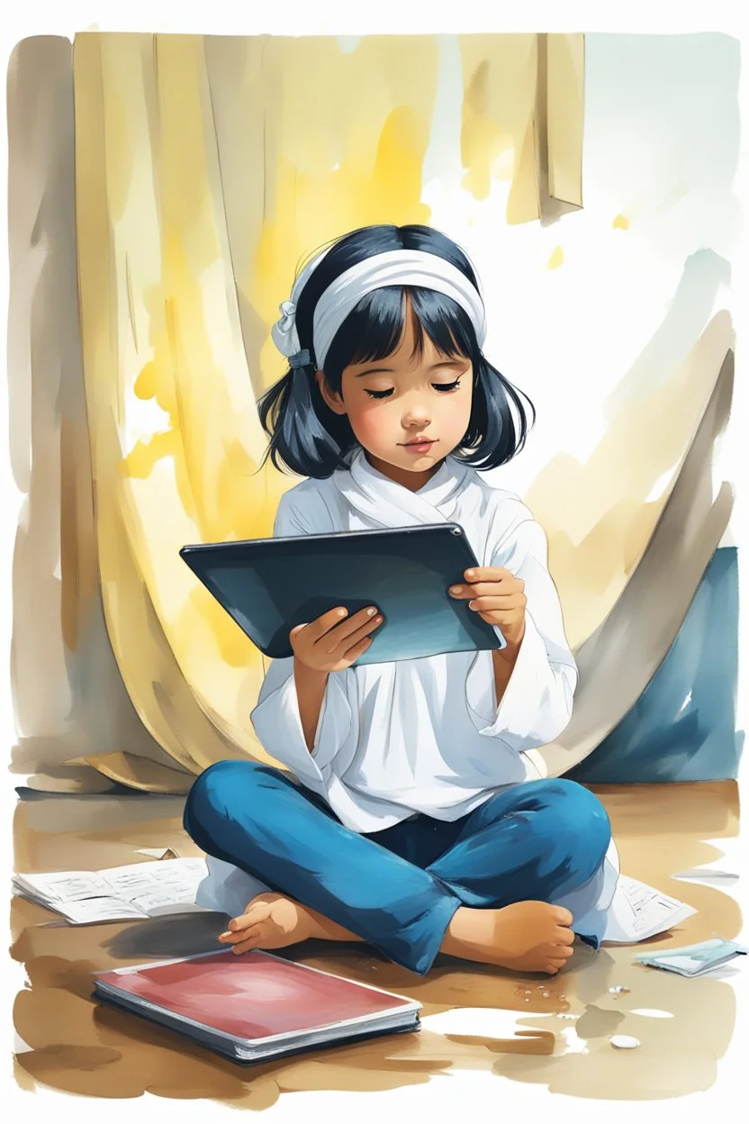 a little girl sitting on the floor holding a tablet, wearing a head scarf, white bangs, document photo, photo still of, paint, wet drapery, unmasked, diary on her hand, 5 years old, focus close on mischievous eyes, hand - drawn animation, with long black hair, portrait of dangerous