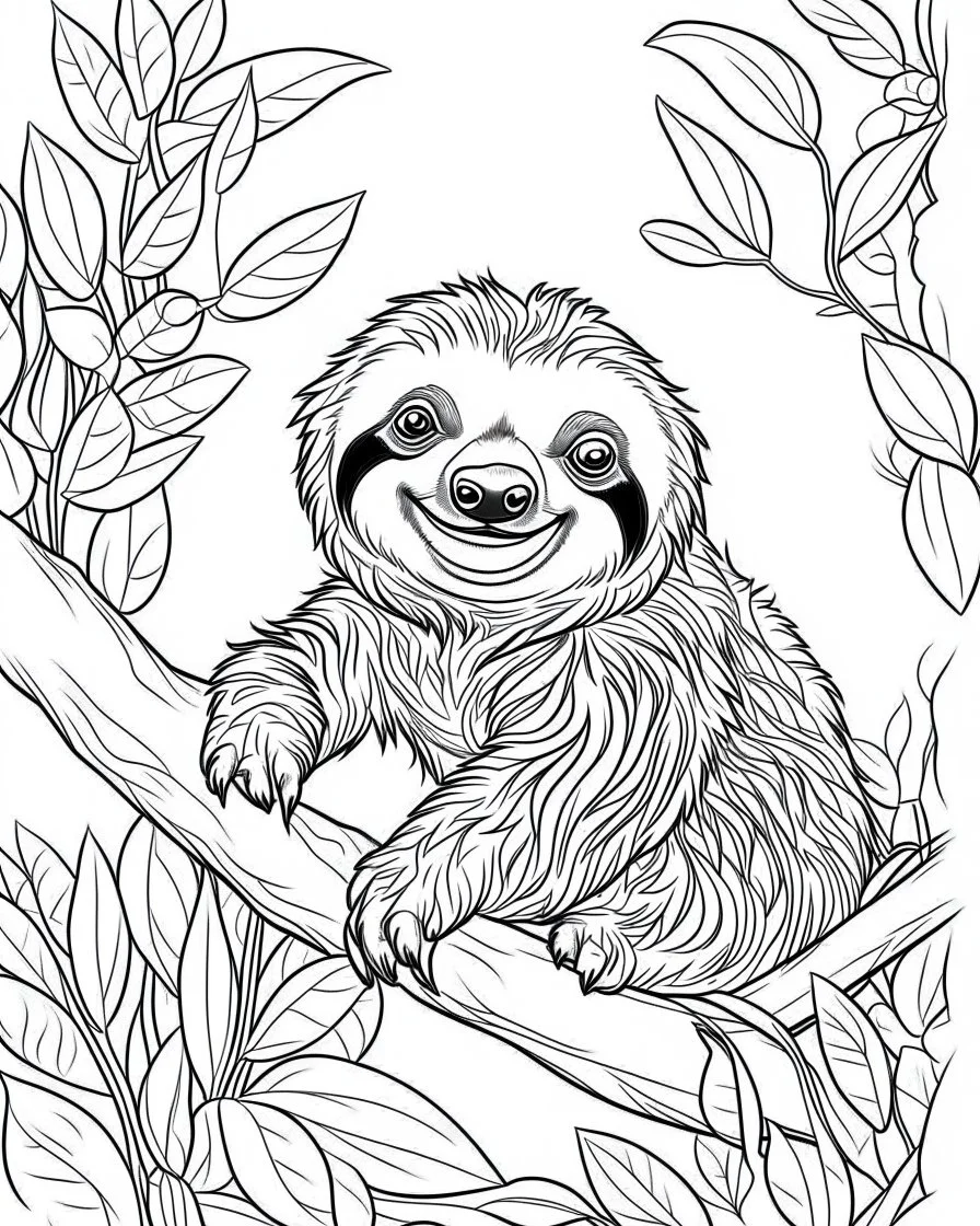 create a 2d black outline, "safari smiling cartoon sloth on a branch coloring book for kids", coloring page, low details design, black contour, coloring page design, simple background, colorful , card style, coloring page for kids, white background, sketch style, safari landscape, cartoon style