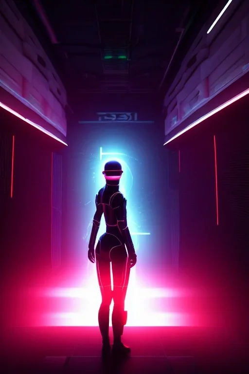 3d, si-fi hunger , far away a girl in the middle, stand on round platform, connected by wires , vr, beautifully color coded, super detailed, moody lighting, volumetric lighting, night time, mass effect, vertical glow, walls