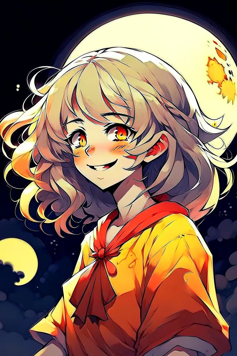 Style: anime manga, A Girl with dark skin tone, Red eye with a yellow base, Full curly white hair, moon-shaped cheek marks, and a childish smile, Her face is half in profile, the background is lunatic, her face seems to be mocking someone, Her outfit is: A lunar witch.