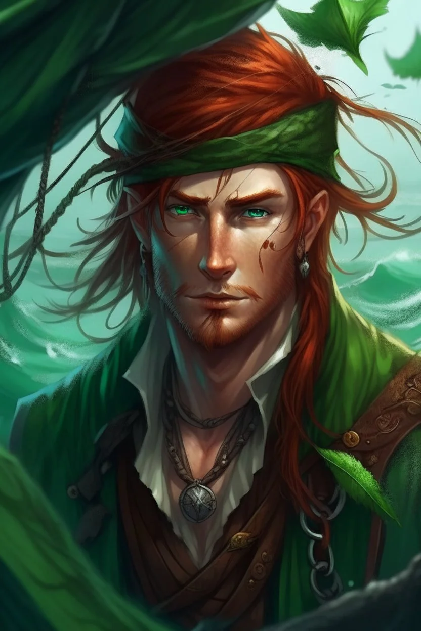 determined wet pirate nereid male with auburn hair and seaweed