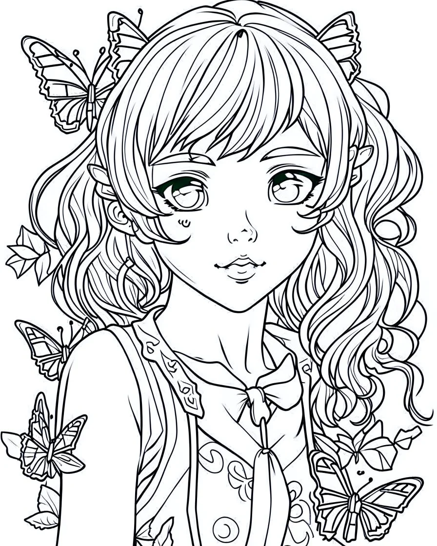 outline art for buterfly coloring page, Japanese manga style, cartoon style, cute face, white background sketch style, full body is a must, only use outline, clean line art, no shadow, bold outline