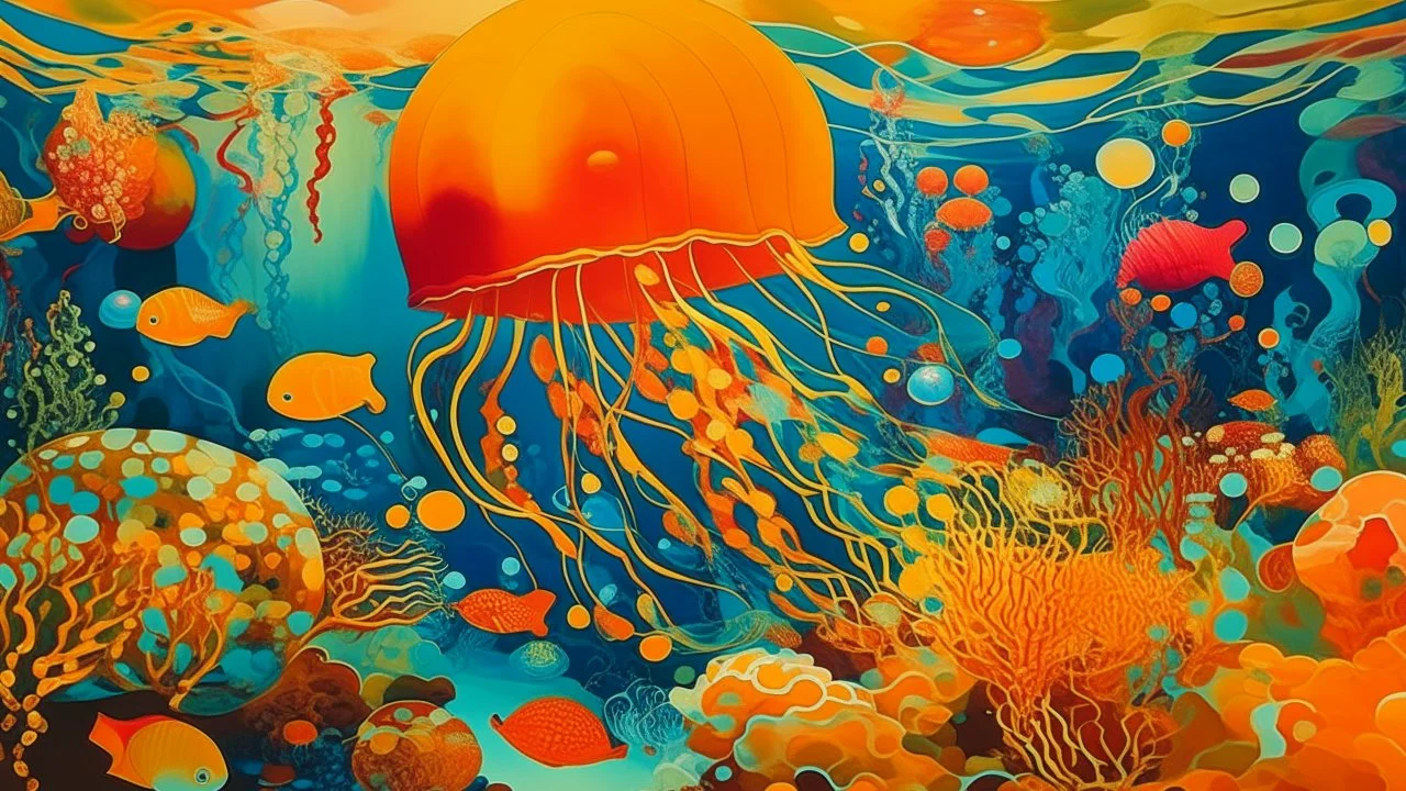 An orange colored underwater reef with jellyfish painted by Wassily Kandinsky